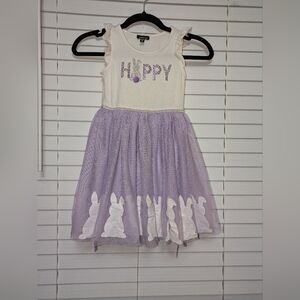 Girls Happy Easter Purple and White Bunny Tulle Dress. Size S. EUC